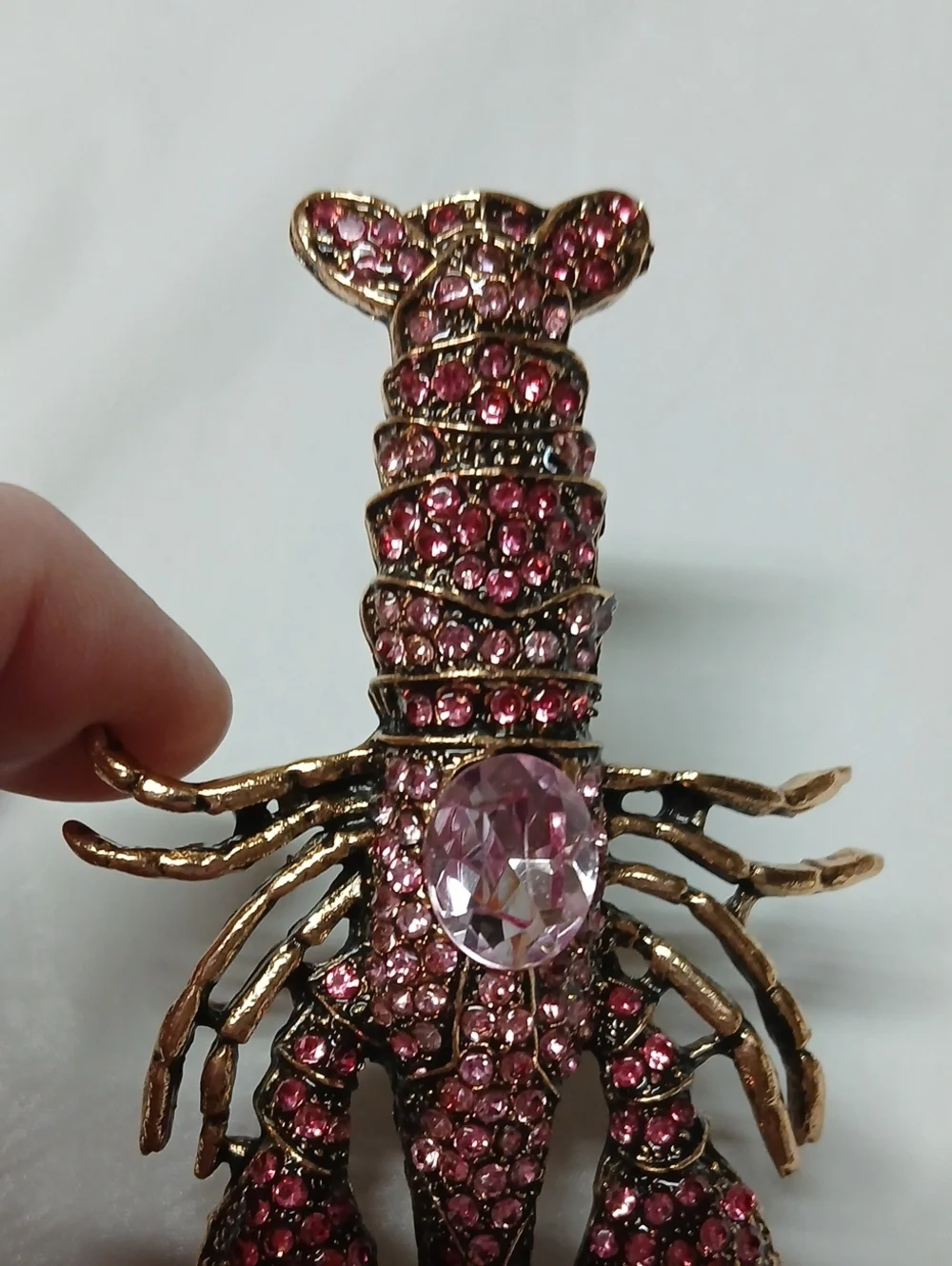 Large Lobster Brooch Pin Goldtone Metal Encrusted w/ Pink Crystals RARE Jewelry